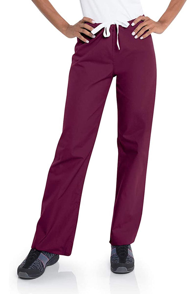 Female healthcare worker wearing a pair of Urbane Essentials Women's Straight-Leg Pants in "Wine" featuring a unique durable fabric that is IL approved.