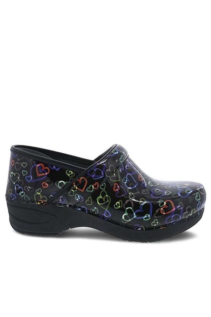 A side view of the Dansko XP 2.0 Nurse Shoe in "Floating Hearts Patent" featuring a patented slip-resistant rubber outsole.
