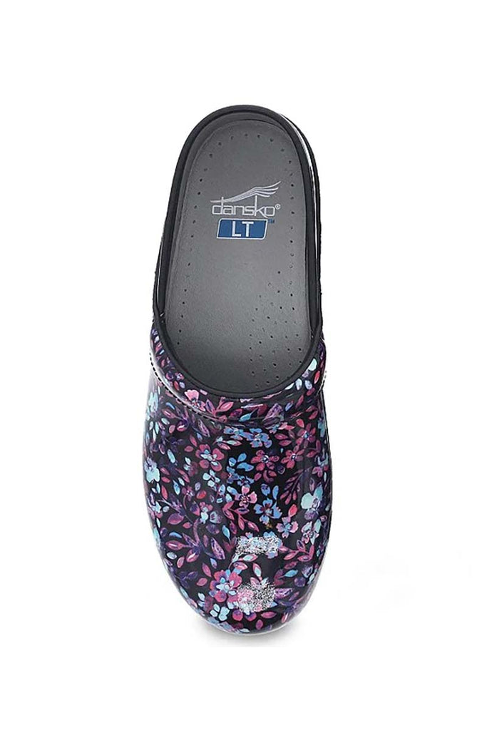 A top down view of the Dansko LT Pro Nurse Shoe in "Ditsy Floral Patent" featuring a stain-resistant finish & a roomy reinforced toebox. 