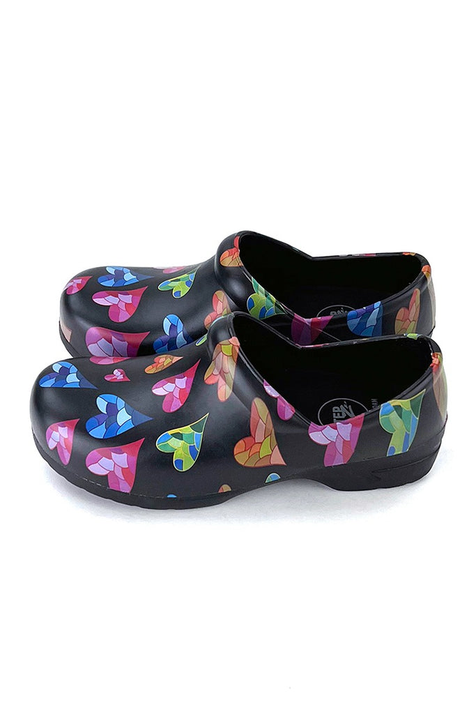 A side view of the StepZ Women's Slip Resistant Memory Foam Clogs in "Mosaic Love" featuring a unique EVA construction, engineered to withstand very high temperatures.