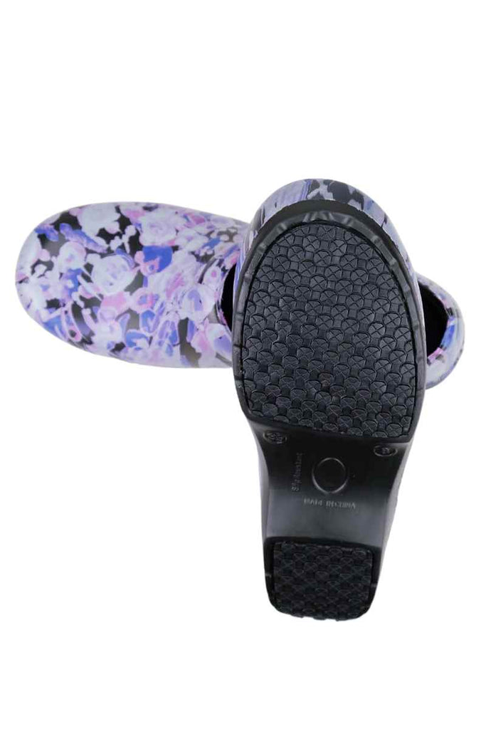 An image of the top & bottom of the StepZ Women's Slip Resistant Nurse Clogs in "Lilac Dreams" size 8 featuring our patented water-based fluid slip resistant technology.