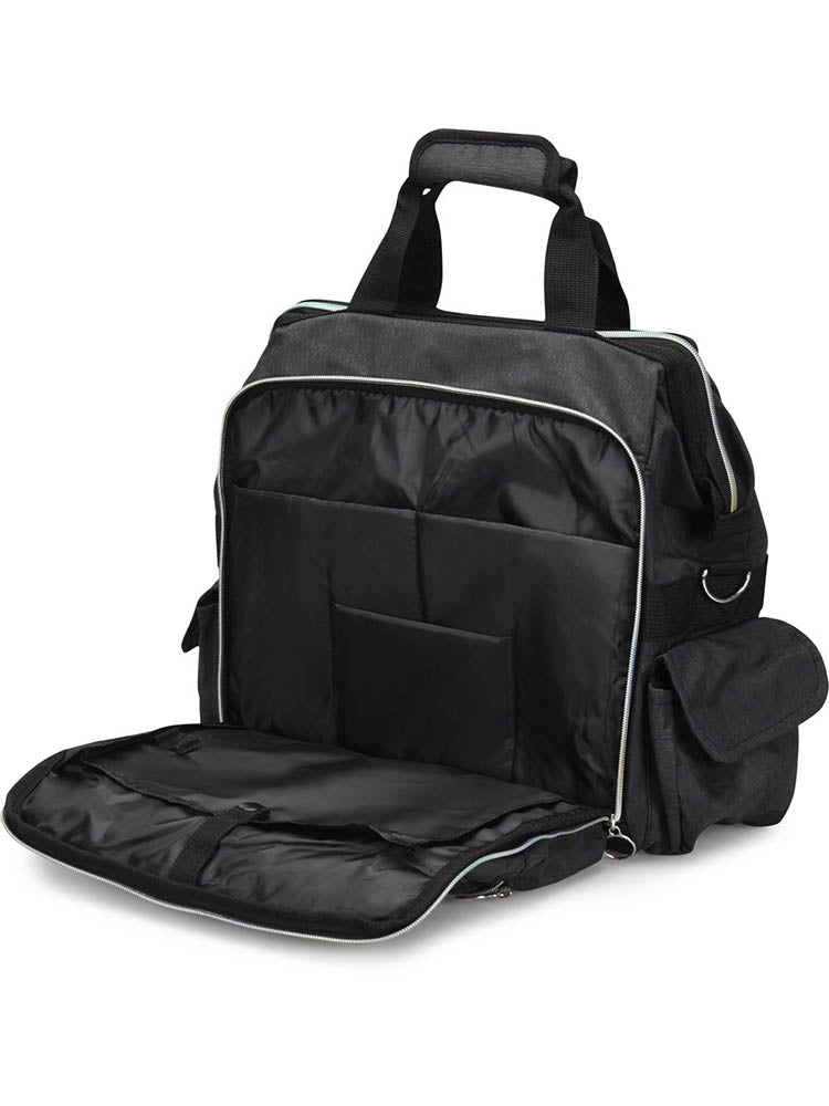A picture of the Ultimate Medical Bag from NurseMates in "Charcoal Rainbow" featuring a padded laptop compartment.