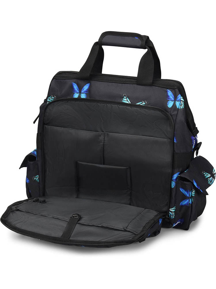 A picture of the Ultimate Medical Bag from NurseMates in "Midnight Butterfly" featuring a padded laptop compartment.