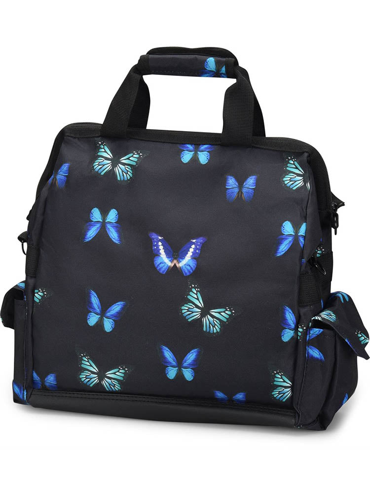 A top down picture of the Nurse Mates Ultimate Medical Bag in "Midnight Butterfly" featuring a large hinged mouth for all of your on the go storage needs.