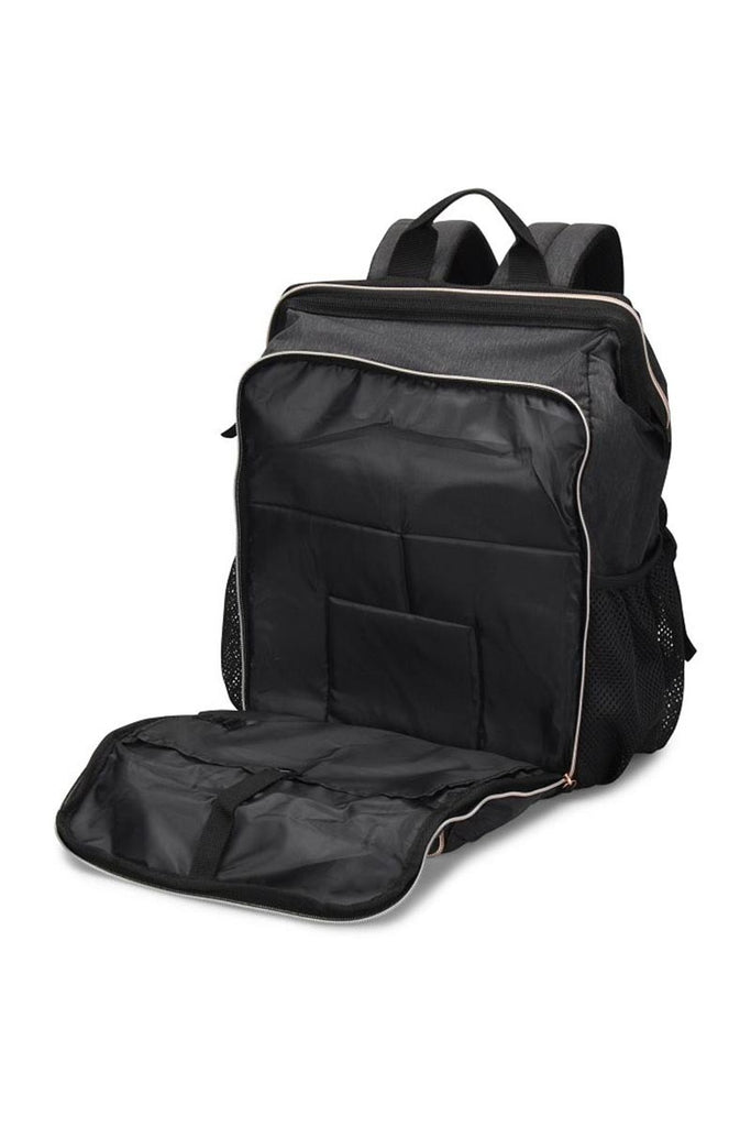 An image of the Nurse Mates Ultimate Backpack in "Charcoal\Rose Gold" featuring an insulated front zipper pocket.