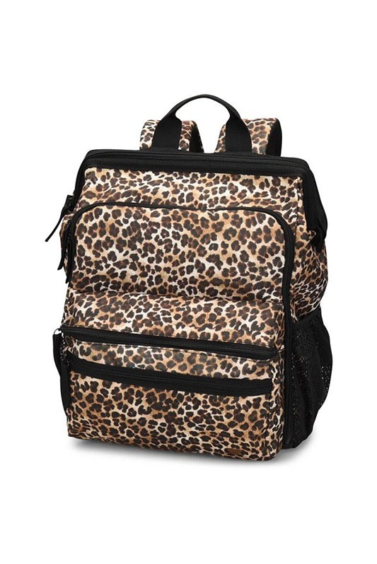A frontward facing image of the Ultimate Backpack from NurseMates in "Cheetah Print" featuring a top handle & a padded backing.