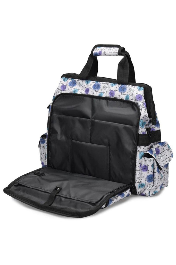 A frontward facing image of the Nurse Mates Ultimate Medical Bag in "Mantra Woods" featuring a padded laptop compartment.