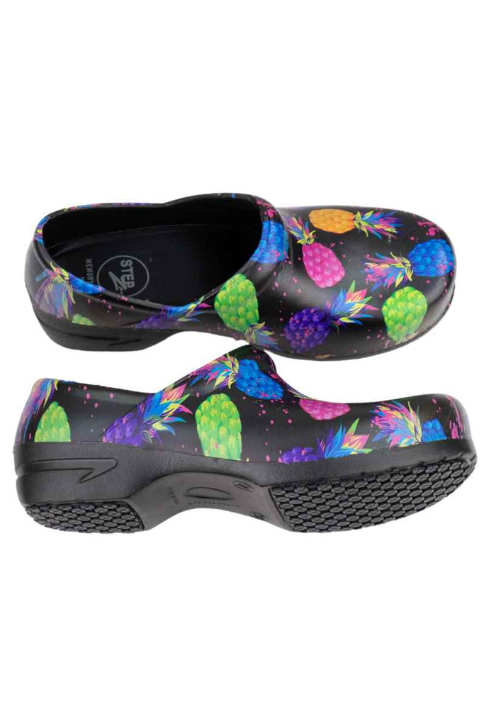 An image of the top & side of the StepZ Women's Slip Resistant Nurse Clogs in "Pineapple Paradise" size 11 featuring our patented water-based fluid slip resistant technology.