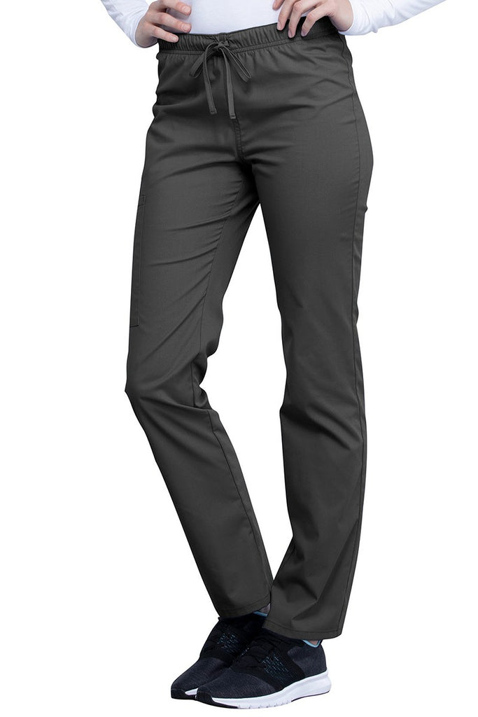 A frontward facing image of the Cherokee Unisex Straight Leg Scrub Pant in Pewter size Large Petite featuring a soft, stretchy Workwear Revolution fabric.