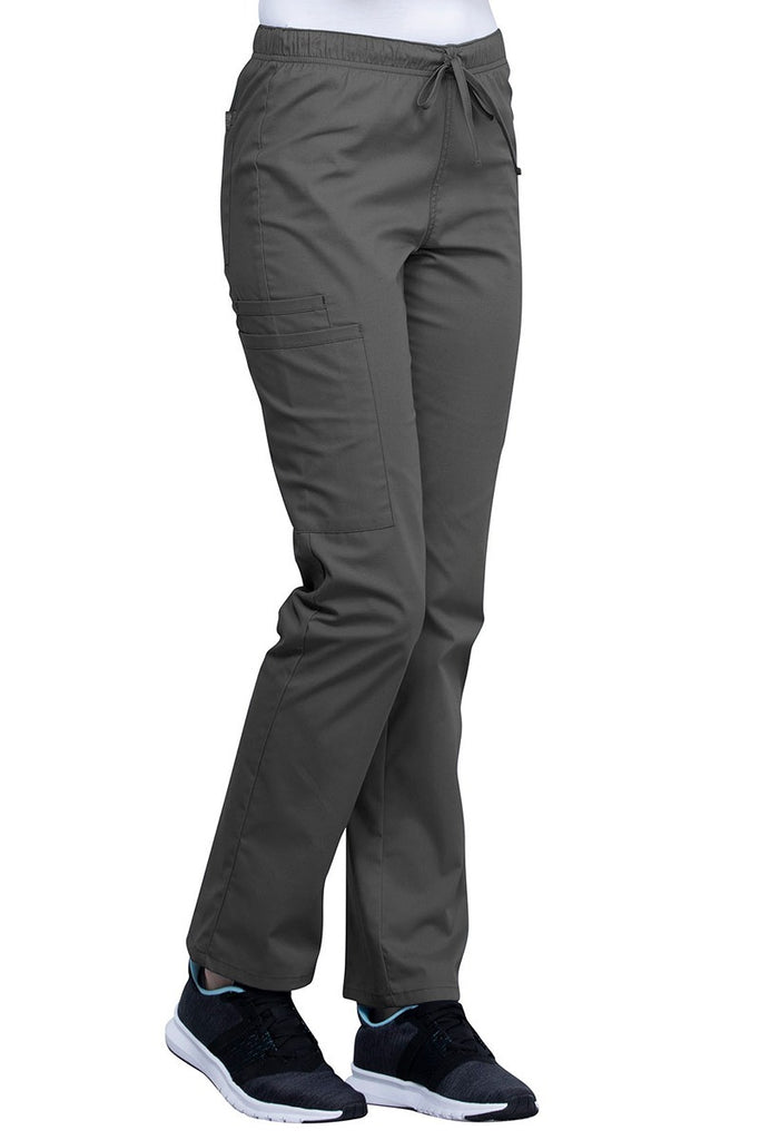 An image of the Cherokee Unisex Straight Leg Drawstring Scrub Pants in Pewter size XS Tall featuring an elastic drawstring waist.