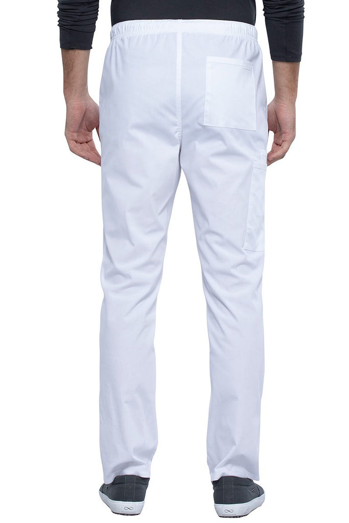 A backward facing image of the Cherokee Unisex Straight Leg Drawstring Scrub Pant in White size XL featuring 1 back patch pocket on the wearer's left side.
