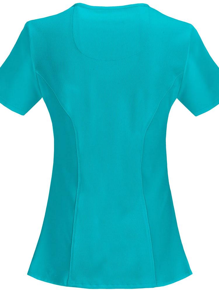 An image of the back of the Cherokee Infinity Women's Antimicrobial Mock Wrap Top in Teal size medium featuring a center back length of 26".