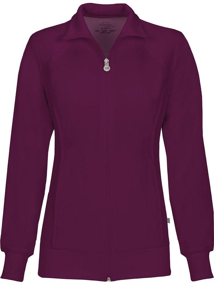 A frontward facing image of the Cherokee Infinity Women's Antimicrobial Warm Up Jacket in Wine size XS featuring 2 front hidden pockets with zip closure.