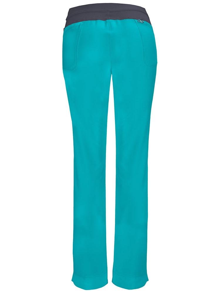 An image of the back of the Cherokee Infinity Women's Low-Rise Slim Pull on Scrub Pant in Teal size Medium Tall featuring 2 back patch pockets & cover-stitch detail throughout.