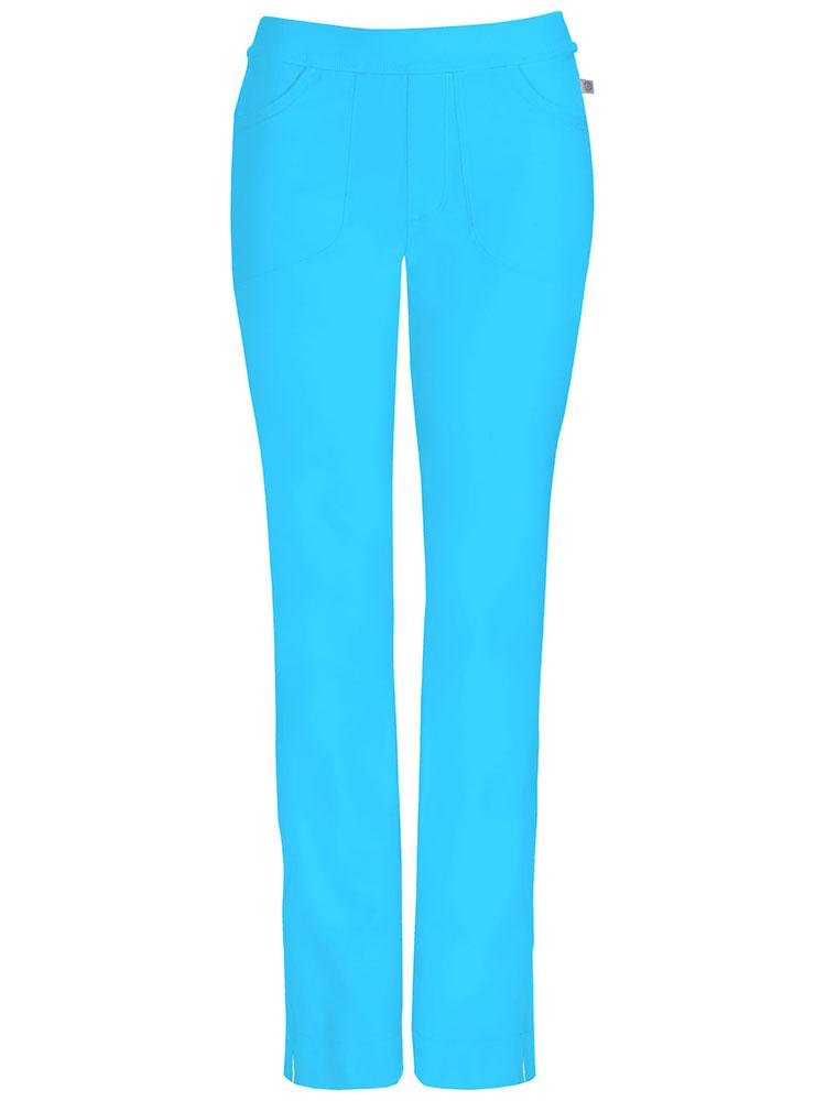 A frontward facing image of the Cherokee Infinity Women's Low-Rise Slim Pull On Scrub Pant in Turquoise size Large Petite featuring 2 front curved pockets and a mock fly.