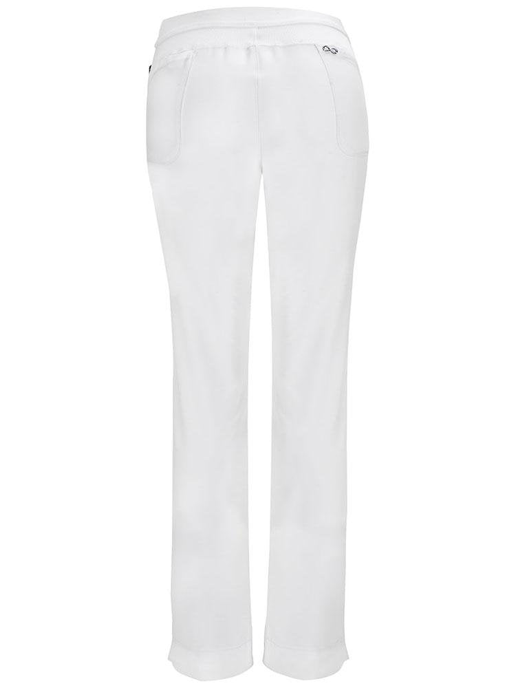 An image of the back of the Cherokee Infinity Women's Low-Rise Slim Pull On Scrub Pant in White size Small Tall featuring rib knit fabric for added stretch.