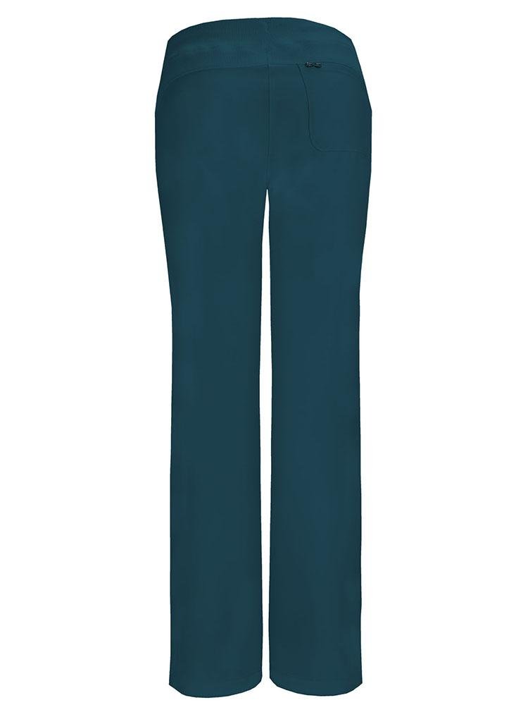 Back view of a Cherokee Infinity Women's Low-Rise Straight Leg Scrub Pant in Caribbean size small featuring an adjustable toggle hem.