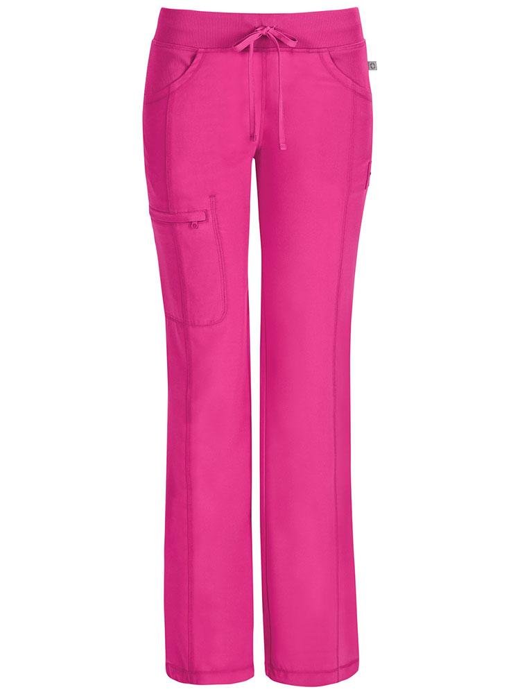A frontward facing image of a Cherokee Infinity Women's Low-Rise Straight Leg Scrub Pant in carmine pink featuring a bungee cord with a toggle at the leg hems.