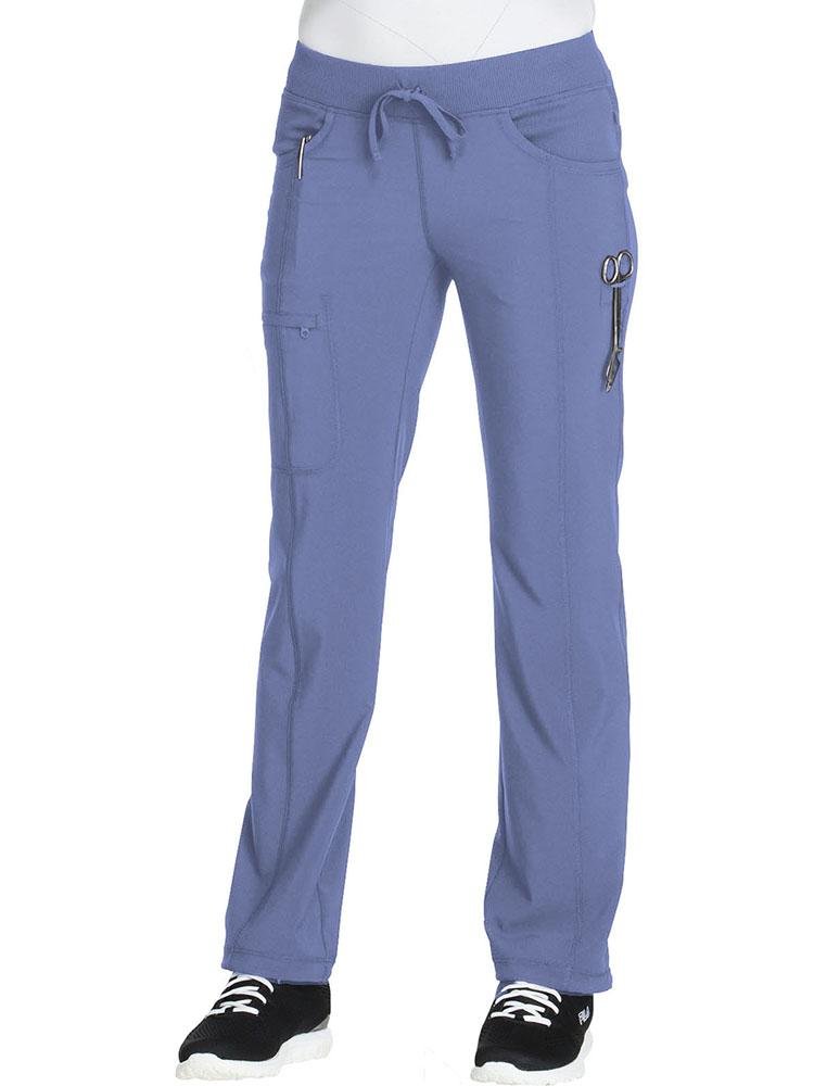 Cherokee Infinity Women's Low-Rise Straight Leg Scrub Pant in ciel featuring a bungee cord with a toggle at the leg hems
