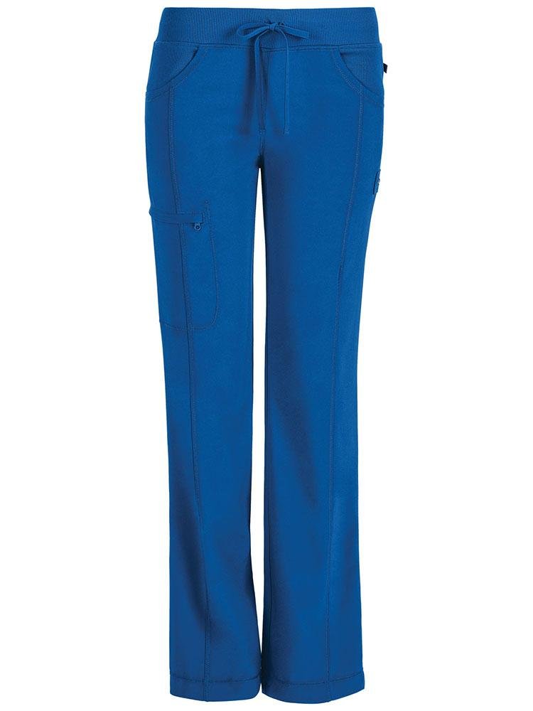 A frontward facing image of a Cherokee Infinity Women's Low-Rise Straight Leg Scrub Pant in royal featuring availability in regular, petite, & tall sizes.