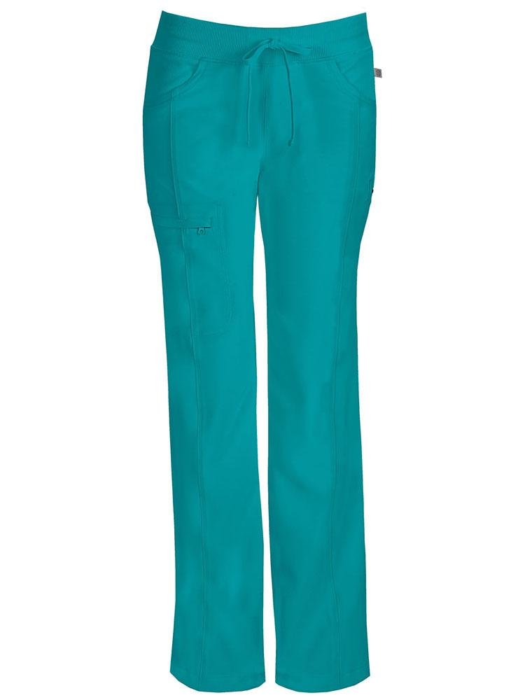 A frontward facing image of the Cherokee Infinity Women's Low-Rise Straight Leg Scrub Pant in teal featuring a Contemporary low rise straight leg fit.