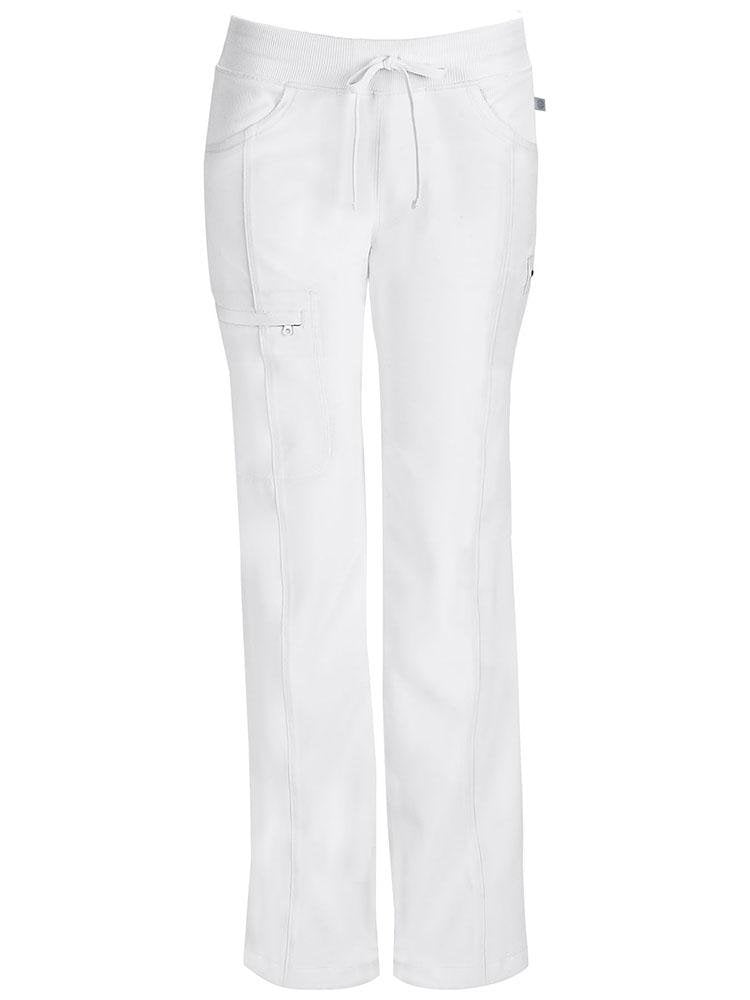 A frontward facing image of the Cherokee Infinity Women's Low-Rise Straight Leg Scrub Pant in white featuring a bungee instrument loop below left pocket.