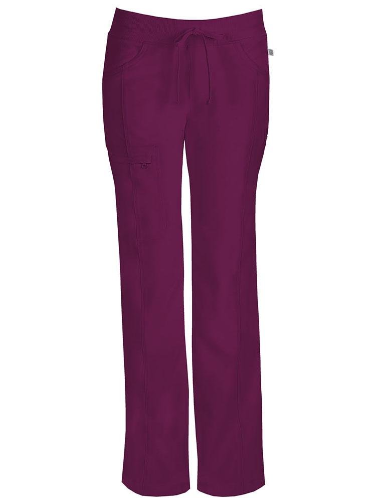 A frontward facing image of the Cherokee Infinity Women's Low-Rise Straight Leg Scrub Pant in wine featuring a bungee cord with a toggle at the leg hems.