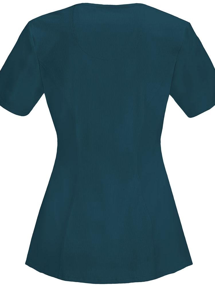 An image of the back of the Cherokee Infinity Women's Round Neck Scrub Top in Caribbean size 2XL featuring stretch rib knit at the center back panel.