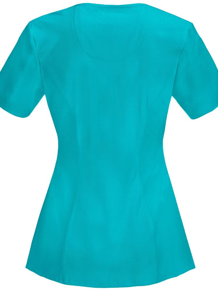 An image of the back of the Cherokee Infinity Women's Round Neck Scrub Top in Teal size XL featuring a stretch rib knit back panel for added movement