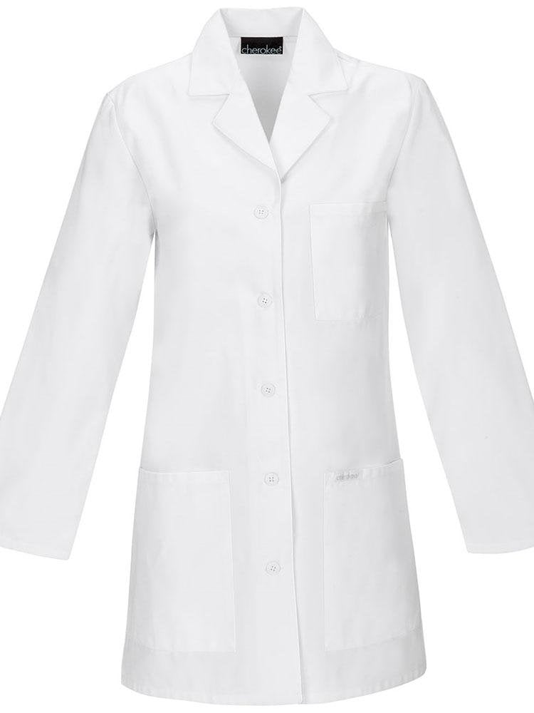 An image of the front of a Cherokee Women's Traditional 32" Lab Coat in White size XL featuring a total of 3 pockets for all your on the job storage needs.