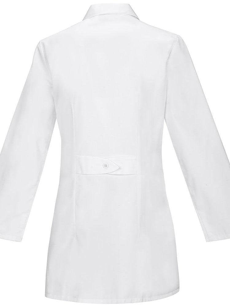 A view of the back of a Cherokee Women's Traditional 32" Lab Coat in size 3XL featuring a button back belt for shaping.