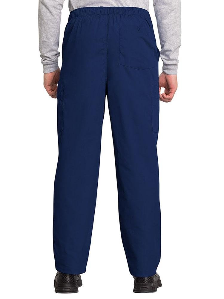 A male Medical Assistant wearing a Cherokee Workwear Originals Men's Drawstring Cargo Scrub Pant in Navy size 2XL featuring 1 back patch pocket & 4 side cargo pockets.