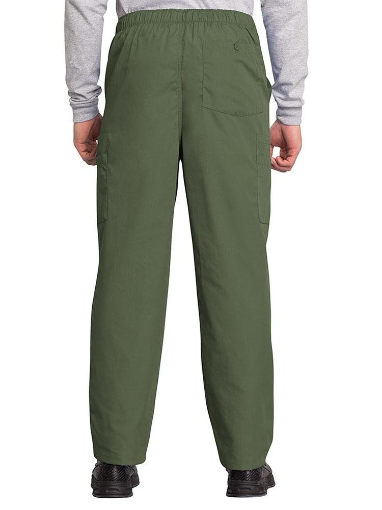 A male Dietician wearing a Cherokee Workwear Originals Men's Drawstring Cargo Scrub Pant in Olive size Small featuring 1 back patch pocket & 4 side cargo pockets.