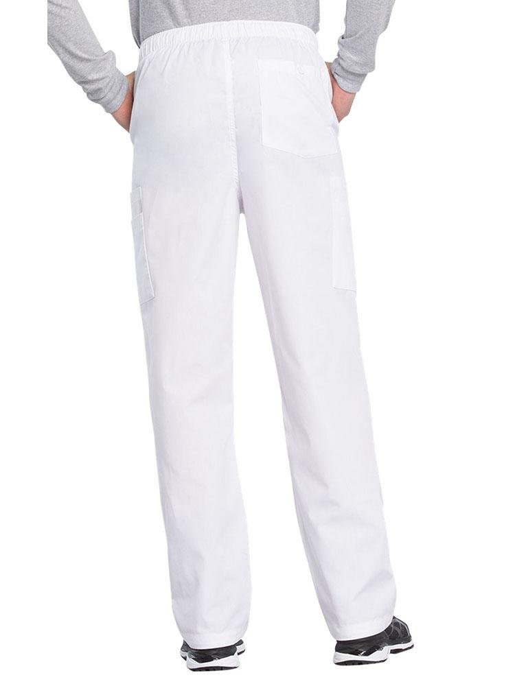 A male Anesthesiologist wearing a Cherokee Workwear Originals Men's Drawstring Cargo Scrub Pant in White size XL featuring 1 back patch pocket & 4 side cargo pockets.