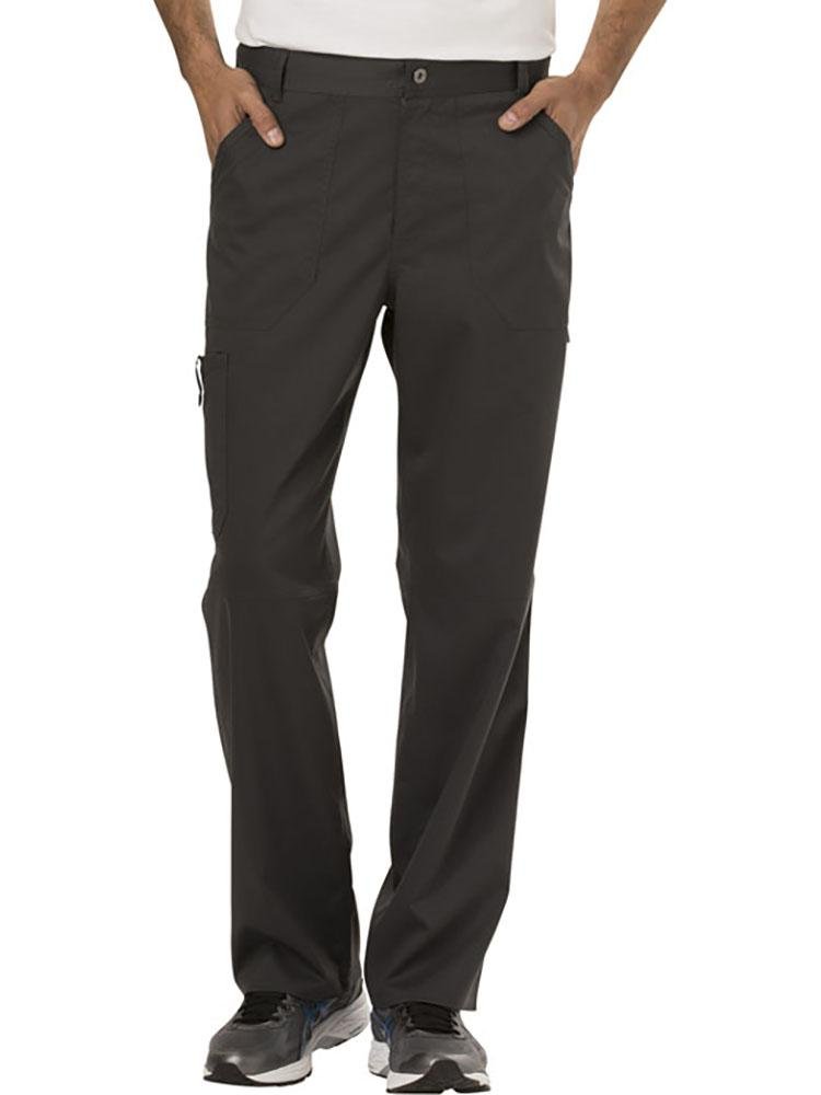 A young male Phlebotomist wearing a Cherokee Workwear Revolution Men's Drawstring Cargo Scrub Pant in Black size XXL featuring a functional interior drawstring.