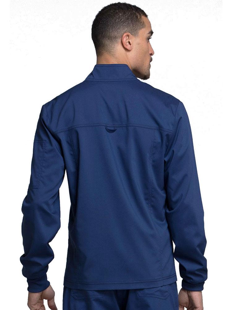 Back view of Physician Assistant wearing Cherokee Workwear Revolution men's Zip Front Scrub Jacket in navy size 2X