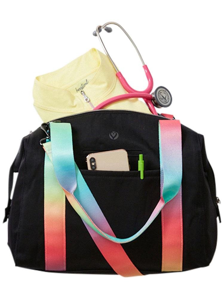 HeartSoul Madison Duffel Bag in Black with Rainbow Straps features a large outer pocket