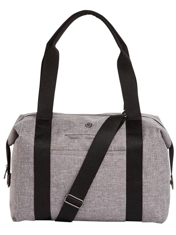 The side of the HeartSoul Madison Duffel Bag in "Heather Grey" featuring an adjustable crossbody strap.