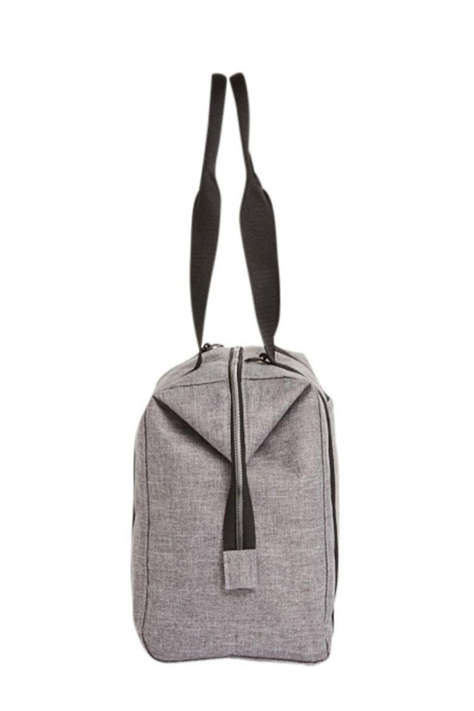 A look at the side of the Madison Duffel Bag in Heather Grey featuring a large zipper pocket.