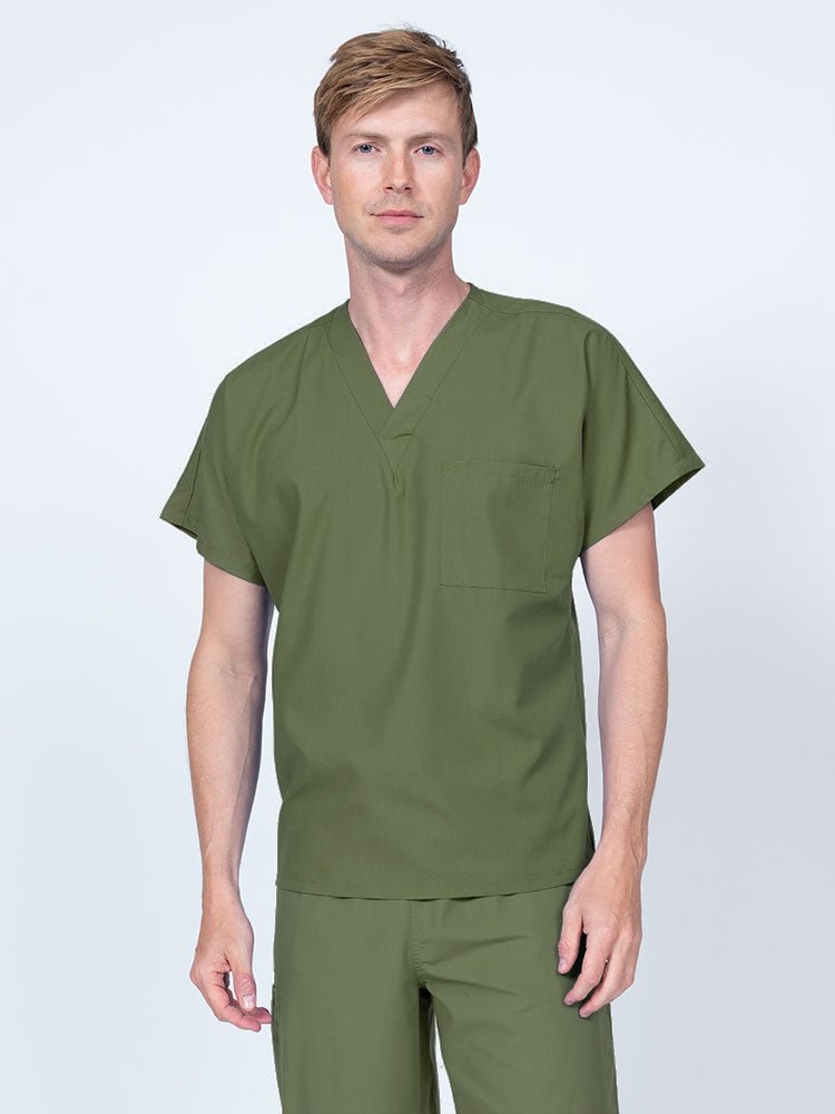 Man wearing a Luv Scrubs Unisex Single Pocket V-Neck Scrub Top in olive with dolman sleeves and 1 chest pocket.