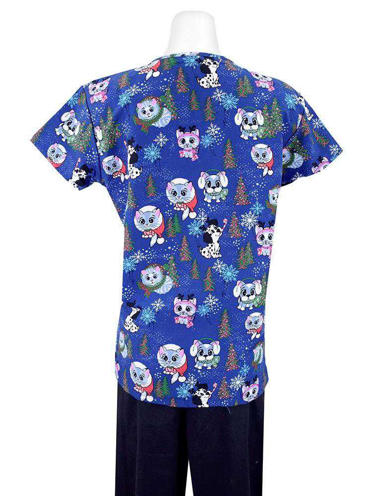 The back of the Luv Scrubs Women's Holiday Printed Scrub Top in "Holiday Pets" featuring a unique design with cute cats scattered across a blue winter themed background.