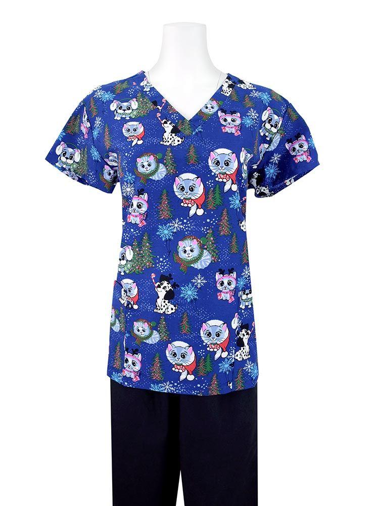 A mannequin wearing a Luv Scrubs Women's Holiday Printed Scrub Top in "Holiday Pets" featuring a v-neckline and short sleeves.