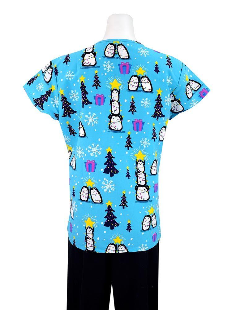 The back of the Luv Scrubs Women's Holiday Print Scrub Top in Penguin Holiday Lights featuring shoulder yokes.