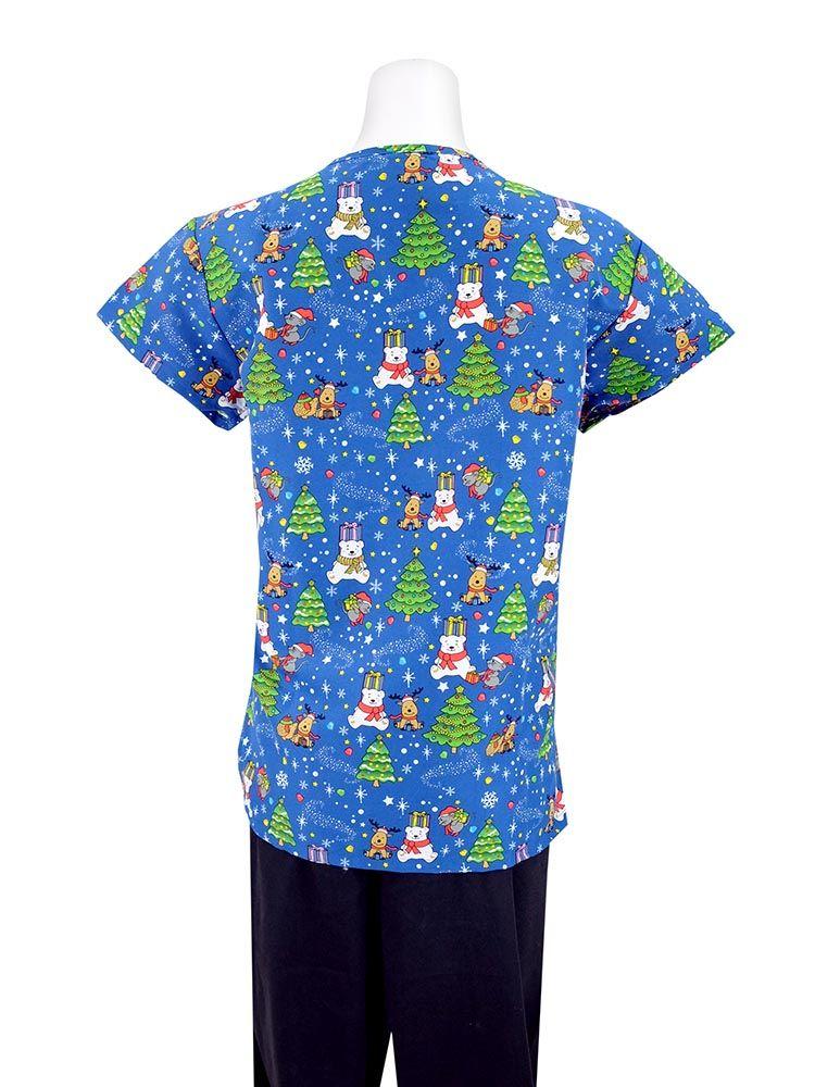 The back of the Luv Scrubs Holiday Printed Scrub Top in "Polar Bear Christmas" featuring shoulder yokes and side slits.