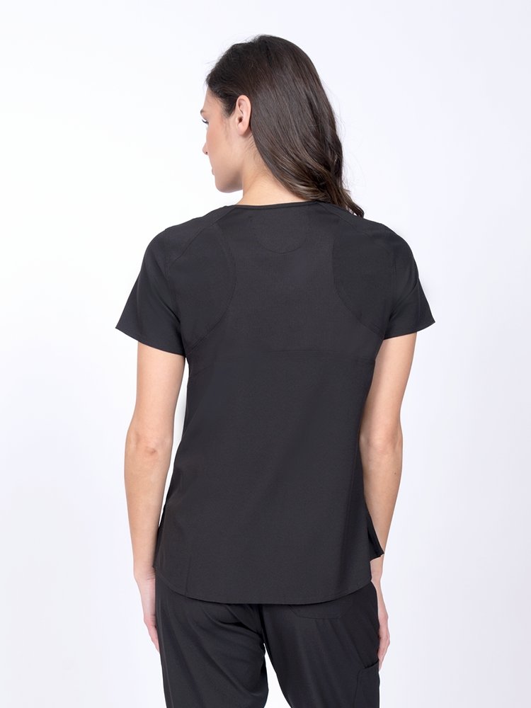 Meraki Sport Women's Mock Wrap Scrub Top in black featuring 4-way stretch fabric for a flexible fit 