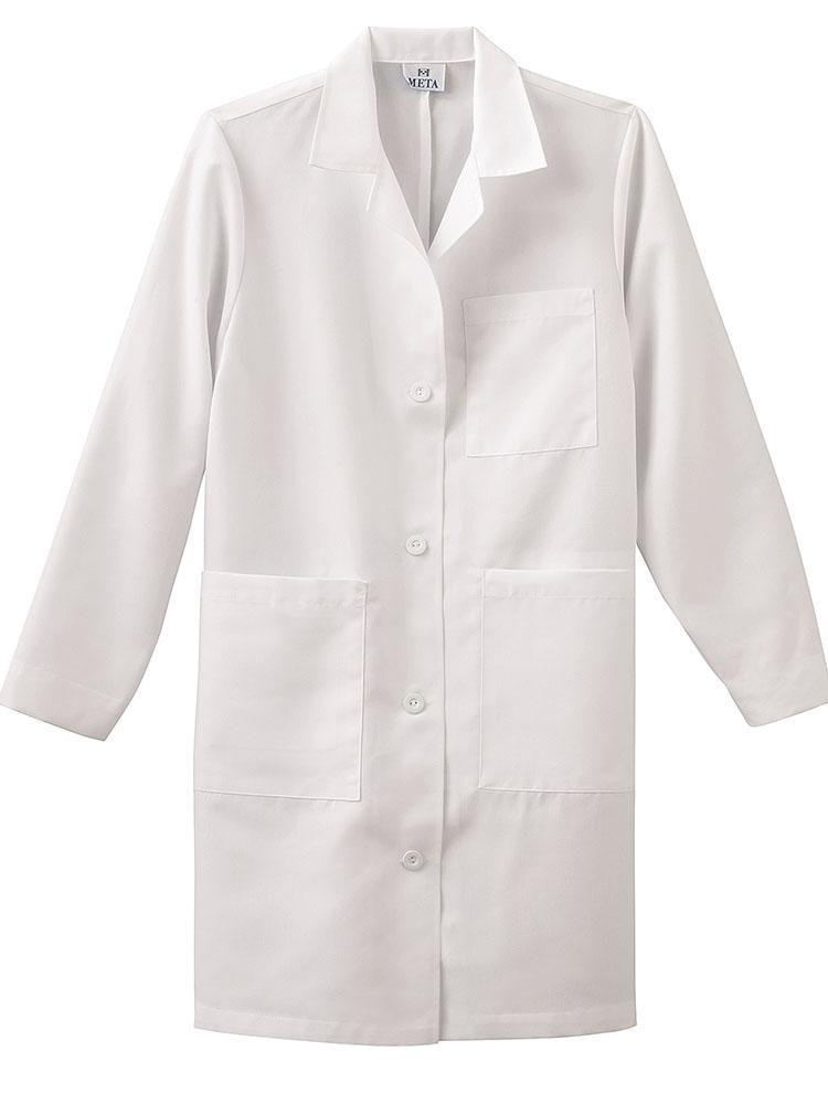 An image of the  front of a Meta Labwear Women's Pleated Back 37" Lab Coat in White size 16 featuring a notched lapel, 4 button front closure & a sewn-down back belt with accenting darts above & pleats below for to provide a professional all day look & feel.
