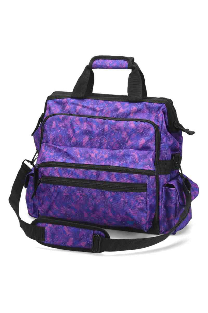 A frontward facing image of the Ultimate Medical Bag from NurseMates in "Violet Prism" featuring a hardwearing shoulder strap with heavy duty zippers & multiple compartments for maximum storage room.