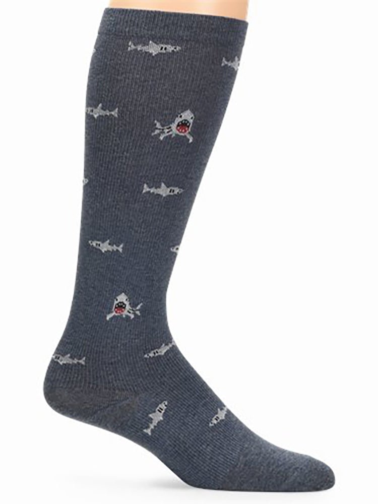 NurseMates Men's Compression Socks in "Sharks" featuring a Comfortable heel and toe pocket that doesn't pinch.