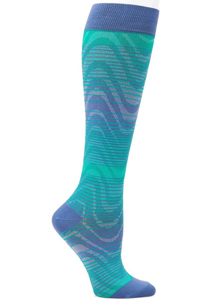 The NurseMates Women's Active Compression Socks in "Turquoise Waves" featuring a comfort welt top band.