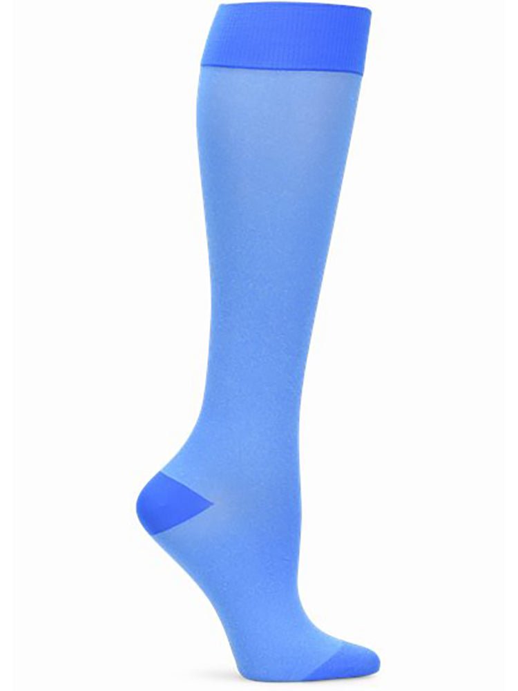 A NurseMates Medical Compression Compression Sock in "Blue" featuring a two way stretch in an opaque heather knit construction.
